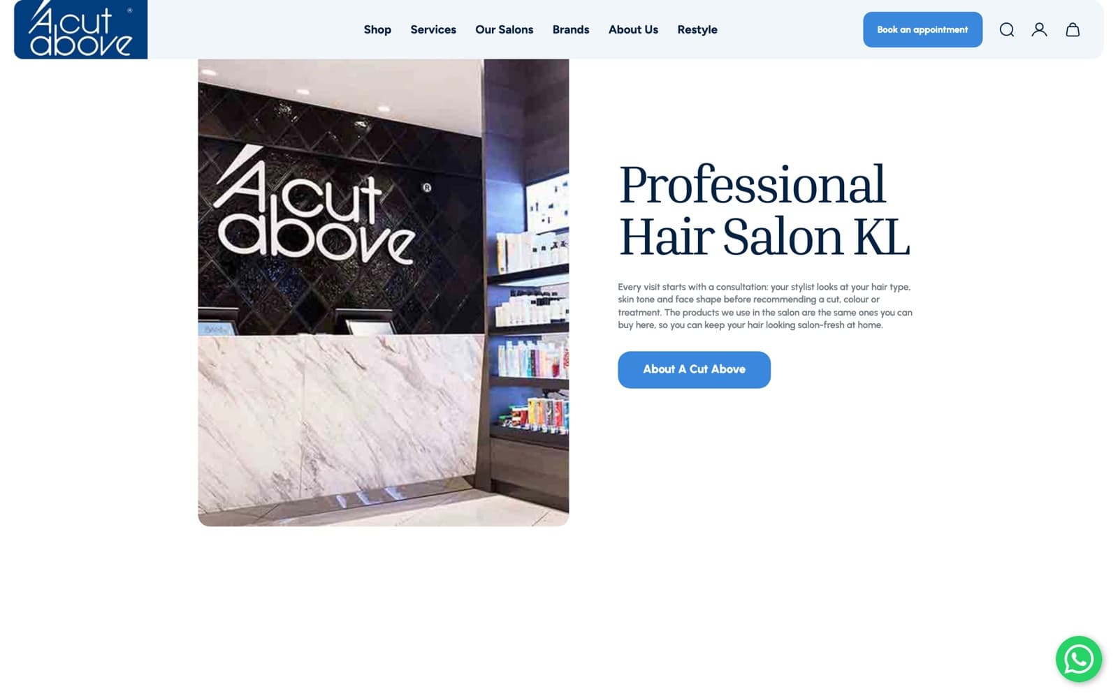 A Cut Above website (hair salons, store and booking), section 1 of the homepage