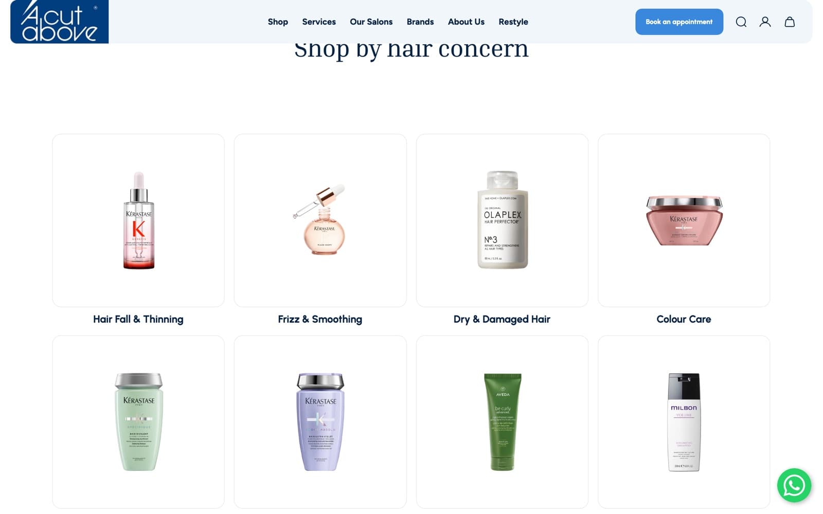 A Cut Above website (hair salons, store and booking), section 2 of the homepage