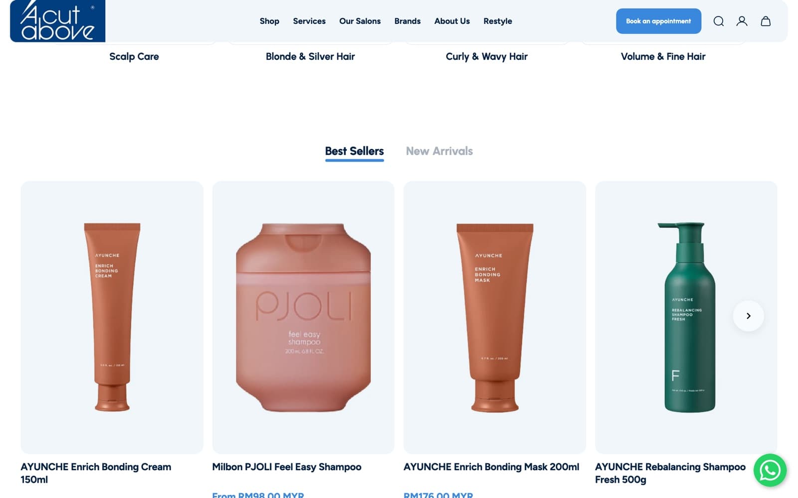 A Cut Above website (hair salons, store and booking), section 3 of the homepage