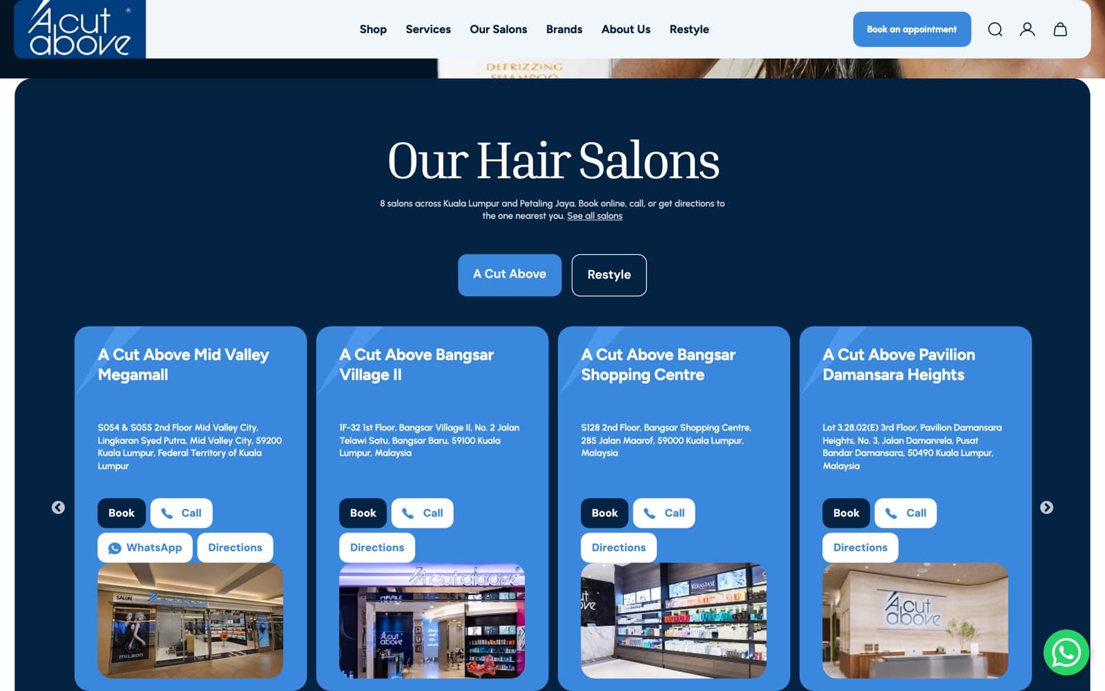 A Cut Above website (hair salons, store and booking), section 4 of the homepage