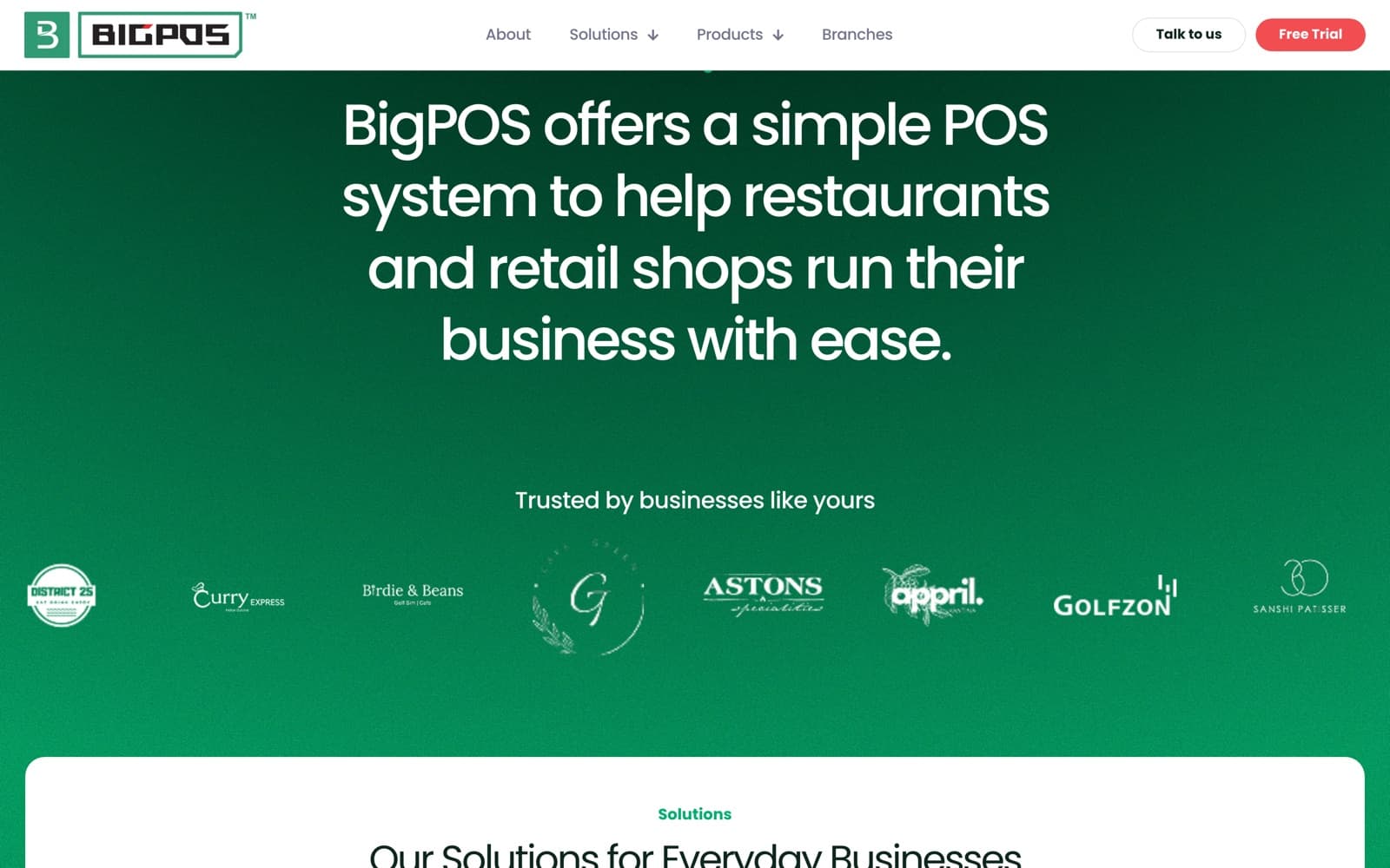 BigPOS website (pos system, restaurant and retail), section 2 of the homepage