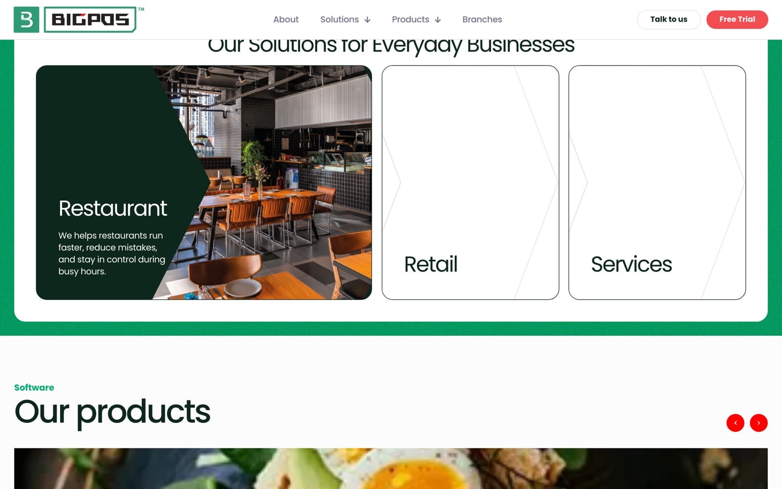 BigPOS website (pos system, restaurant and retail), section 3 of the homepage