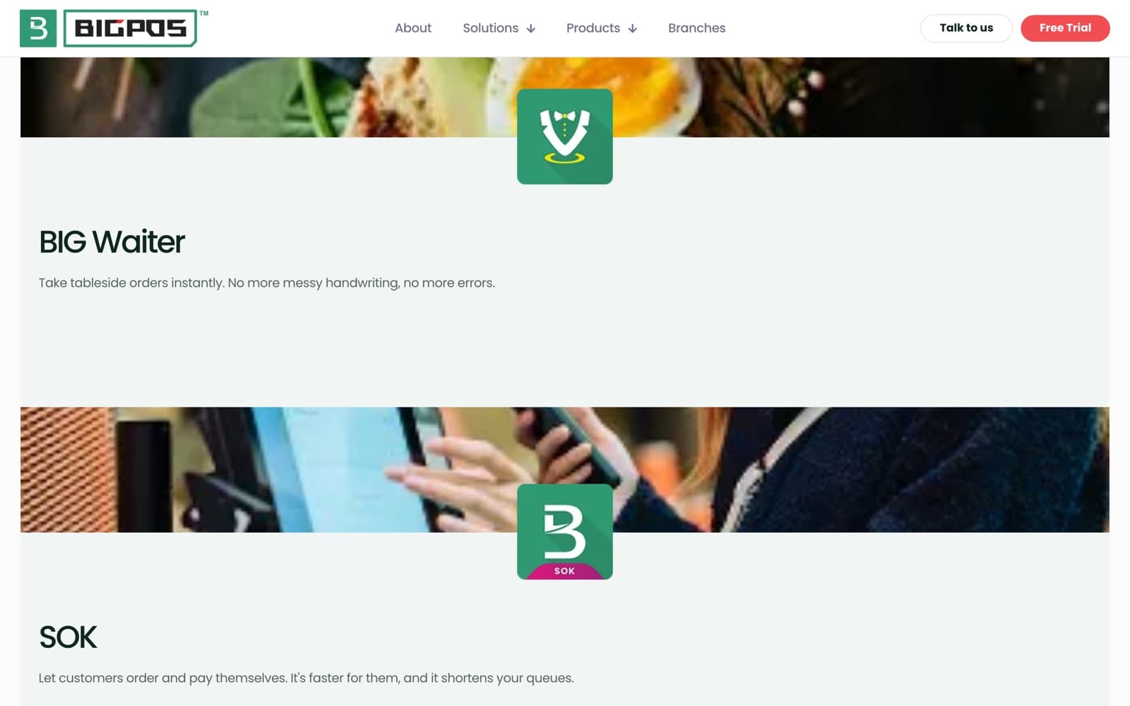 BigPOS website (pos system, restaurant and retail), section 4 of the homepage