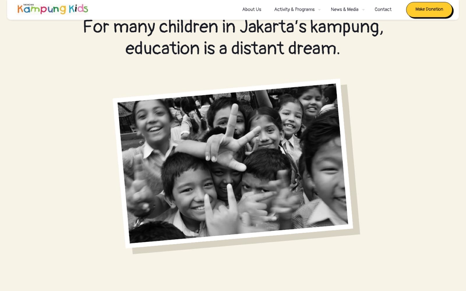 Kampung Kids website (non-profit, jakarta), section 1 of the homepage