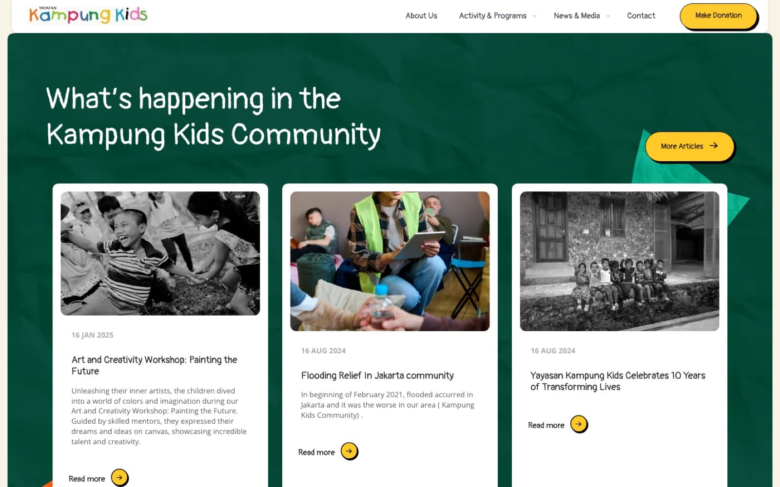 Kampung Kids website (non-profit, jakarta), section 3 of the homepage