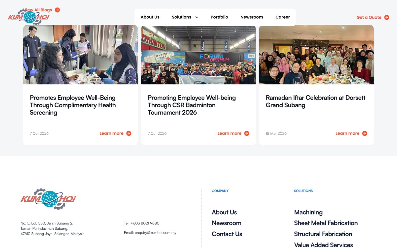 Kumhoi website (metal fabrication), section 3 of the homepage