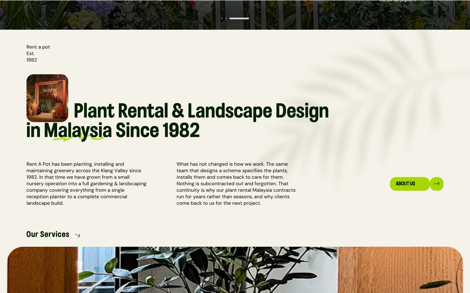 Rent-A-Pot website (landscaping and plant rental), section 1 of the homepage