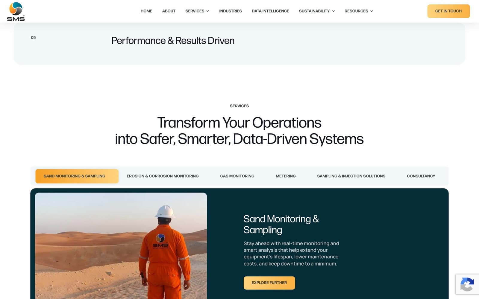 SMS Integrity website (sensor technology, oil and gas), section 2 of the homepage