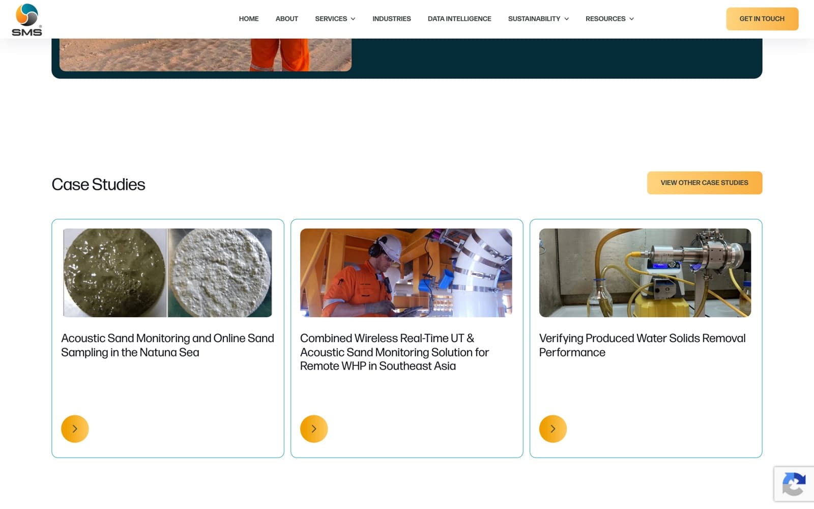 SMS Integrity website (sensor technology, oil and gas), section 3 of the homepage