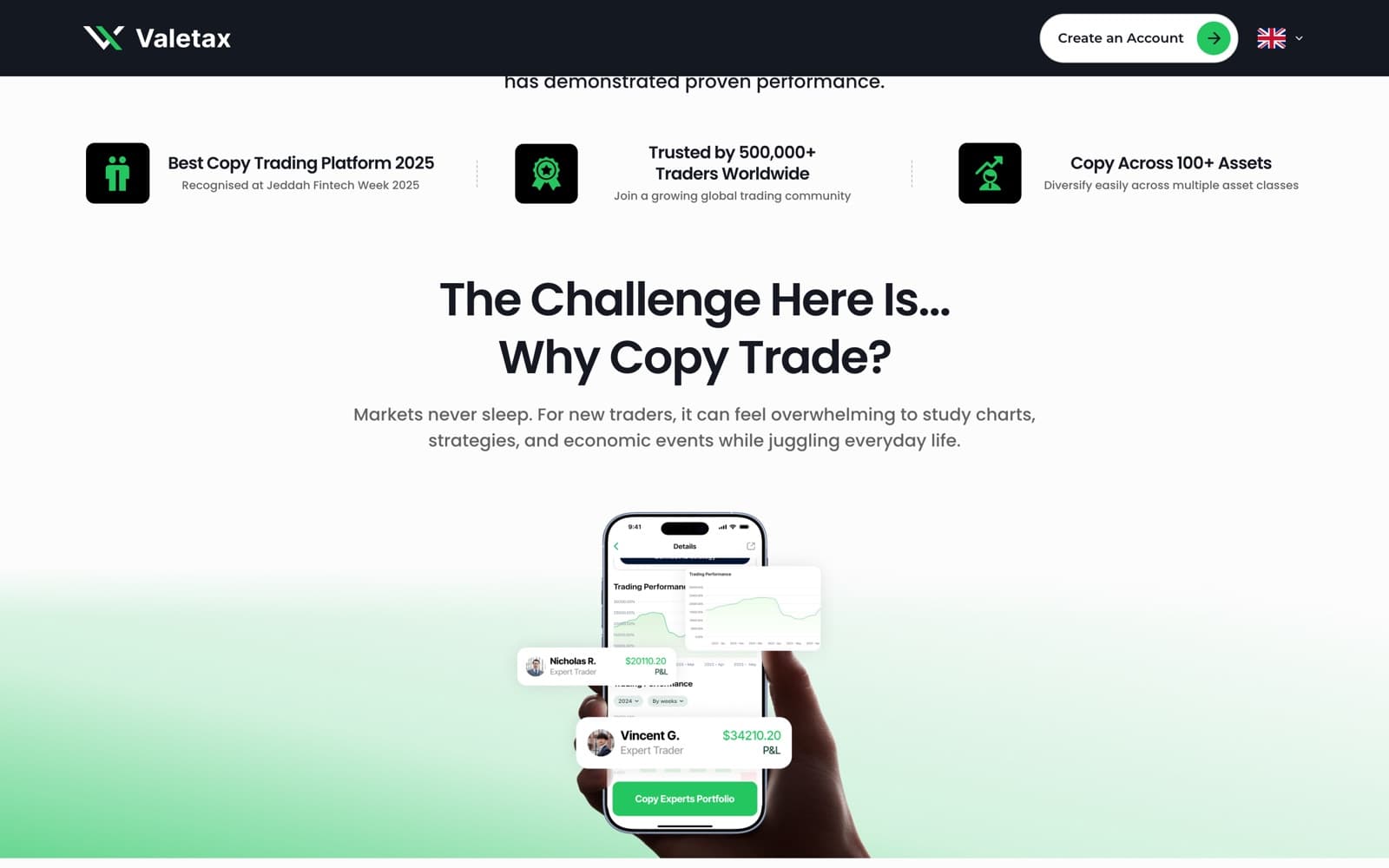 Valetax website (trading platform, campaign page), section 1 of the homepage