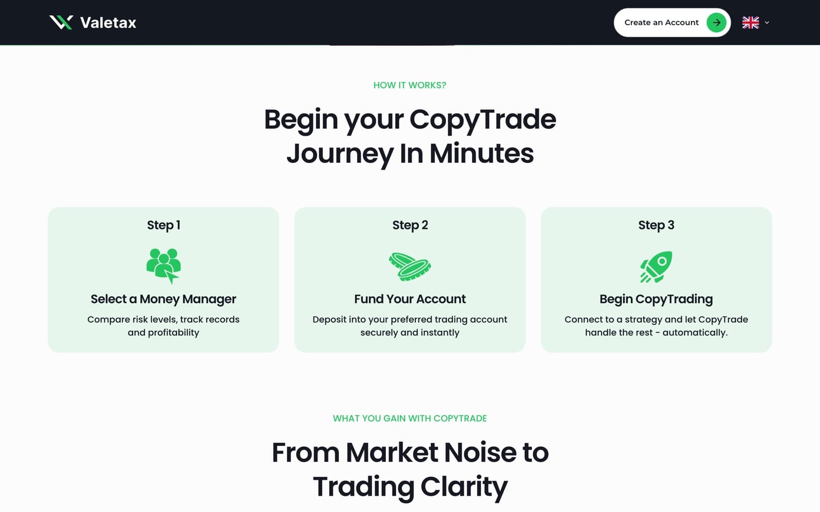 Valetax website (trading platform, campaign page), section 2 of the homepage