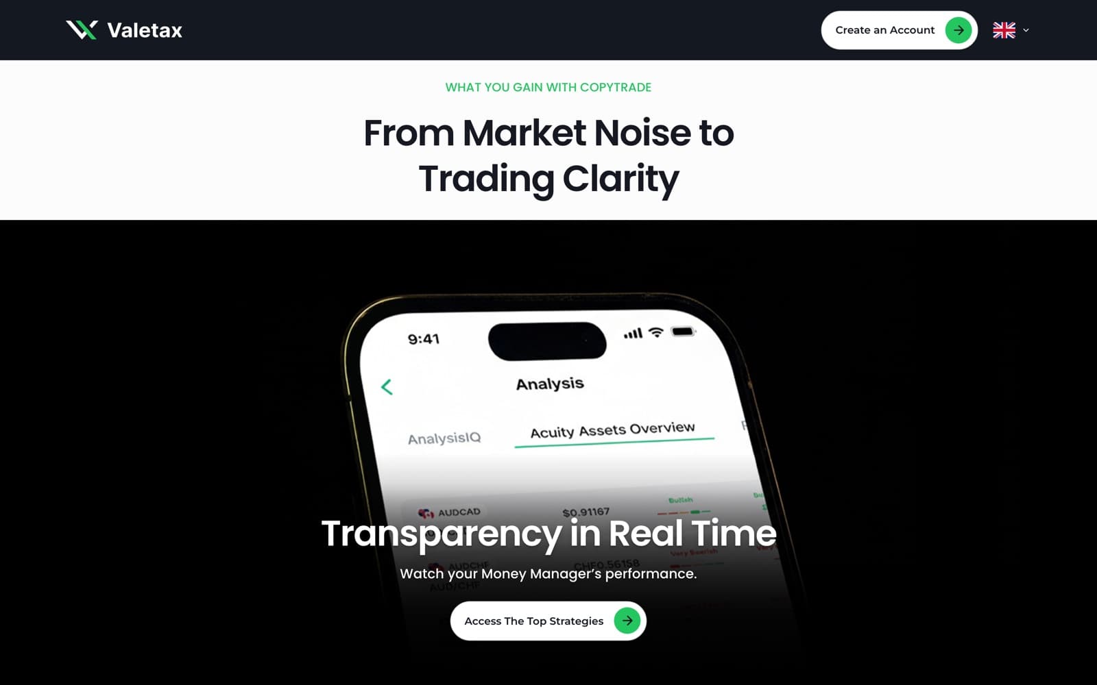 Valetax website (trading platform, campaign page), section 3 of the homepage